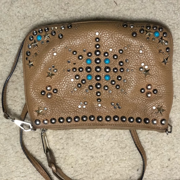 Beige leather purse with rhinestone detail